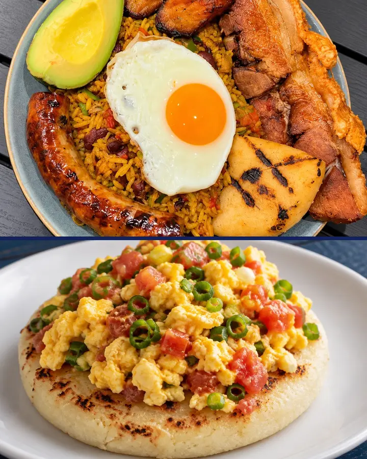 Calentado with rice and beans, a fried egg, chorizo, chicharron, avocado, fried plantain and a grilled arepa, above an arepa topped with huevo perico